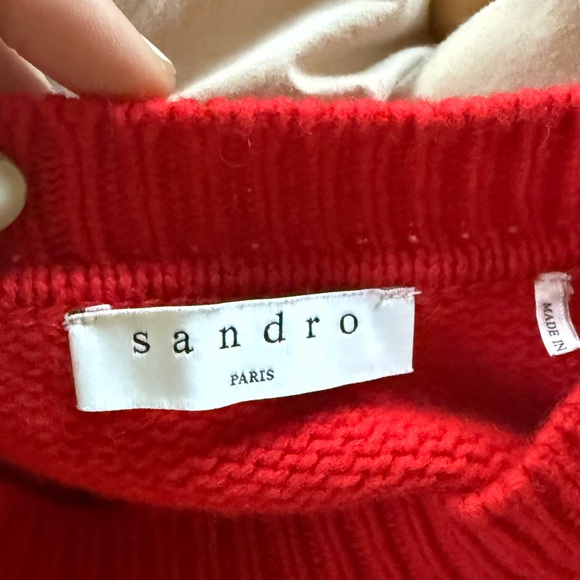 Small Sandro red sweater with navy blue tattoo style heart detail - Picture 3 of 5